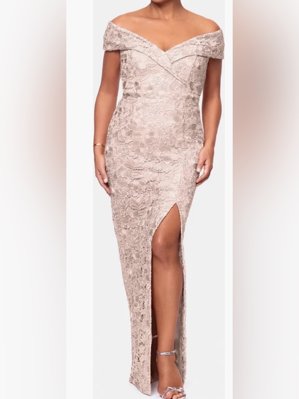 One-Shoulder Lace Column Gown in Blush